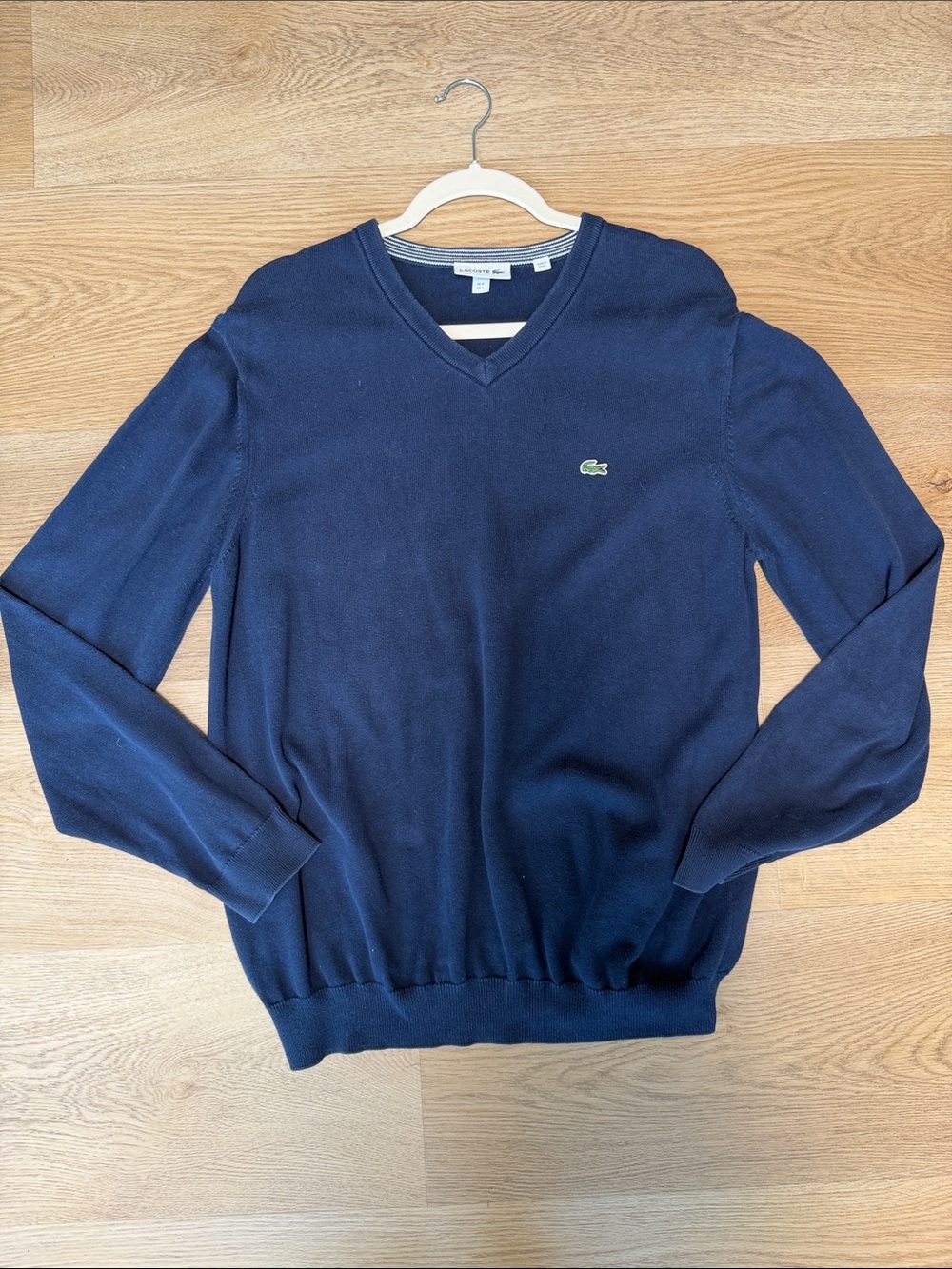 Lacoste Men's Navy V-Neck Pullover cotton sweater with Green Crocodile Logo